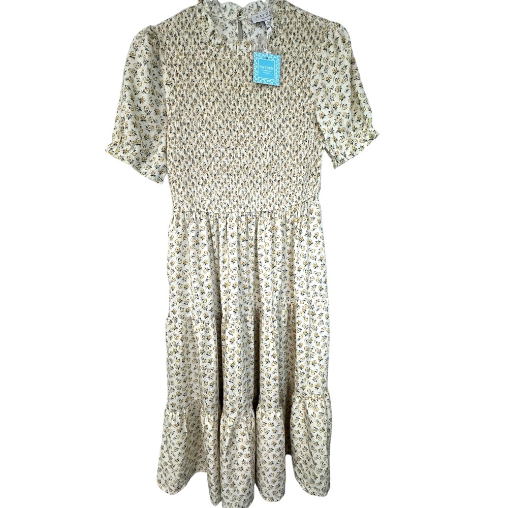 NWT Hayden Los Angeles Floral Smocked Midi Dress Ruffle Neck‎ Short Sleeve Med
